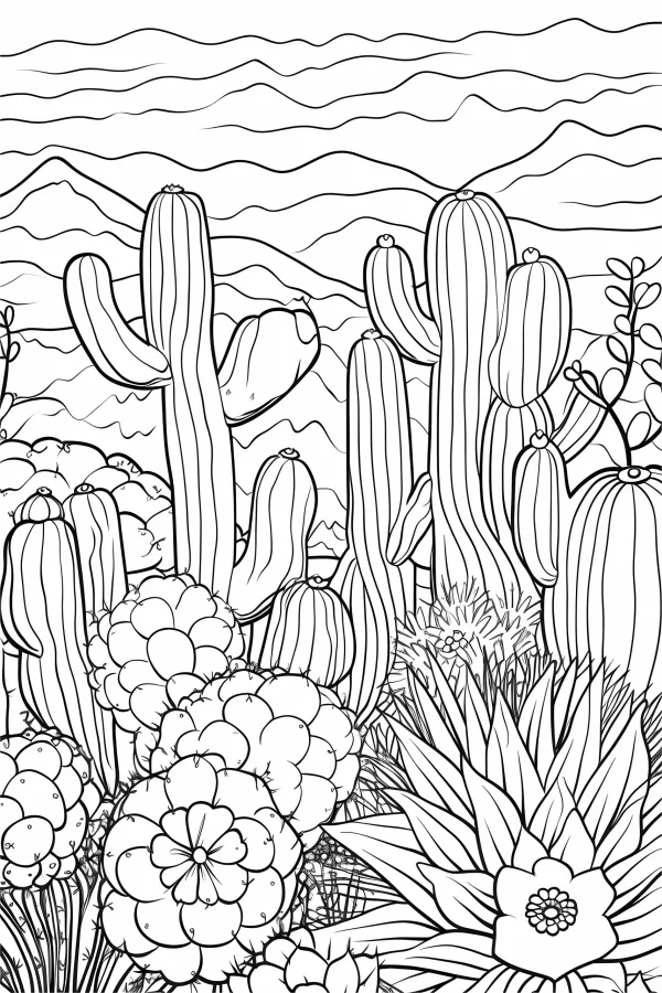 Desert cactus group including saguaro and round succulents, with agave and desert flowers — free printable desert coloring book page