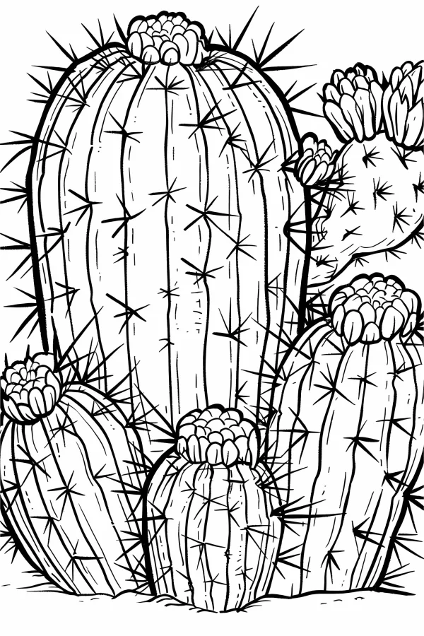 Multiple cacti including large columnar and small round varieties, sketch style — free printable desert coloring book page