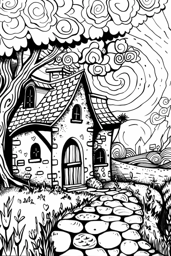 Fairy tale countryside cottage, cartoon fairy tale style — free printable countryside coloring book page