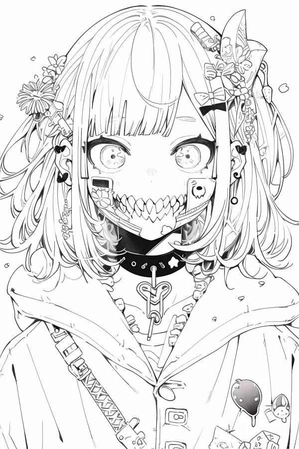 Dark anime girl with mechanical fangs mouth, gothic and anime style — free printable anime coloring book page