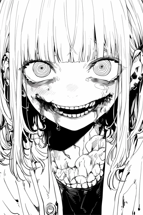 Creepy weird girl with spiral eyes and split mouth, anime horror dark style — free printable anime coloring book page