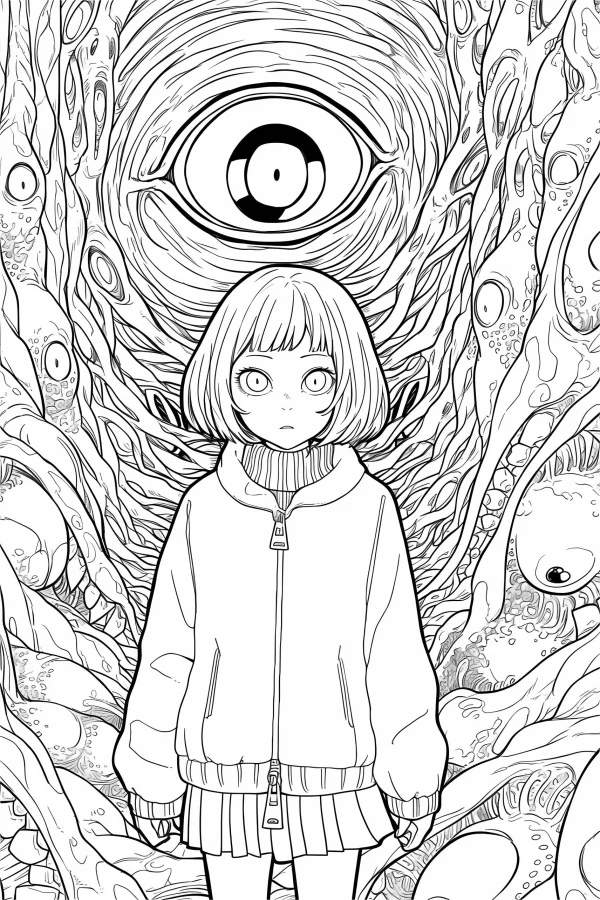 Short-haired girl surrounded by a giant one-eyed creature and small eyes, japanese anime fantasy style — free printable surreal coloring book page