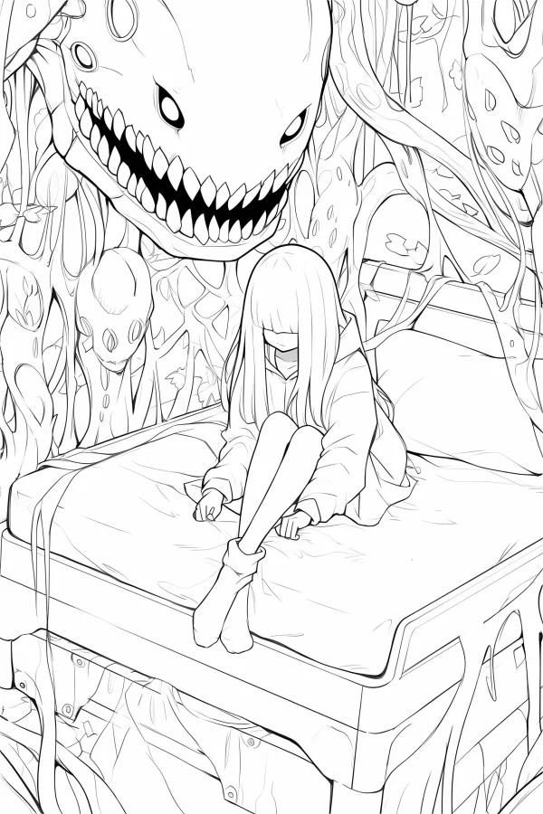 Girl sitting on bed with giant sharp-toothed horror monster, dark fantasy style — free printable dreams coloring book page