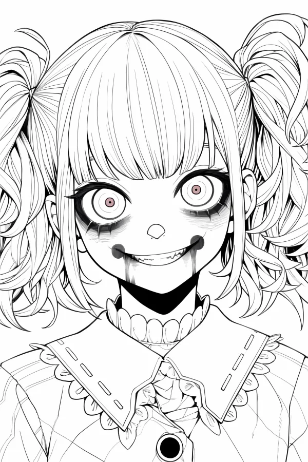 Creepy twin-tailed girl with big exaggerated eyes, dark eye circles — free printable anime coloring book page