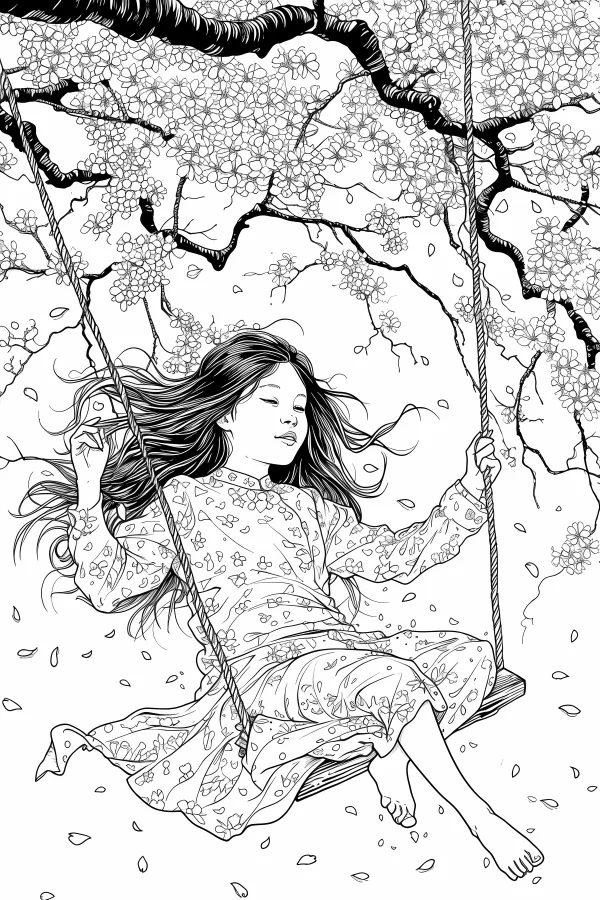 Girl swinging on a swing under blooming flower tree, sketch style — free printable childhood coloring book page