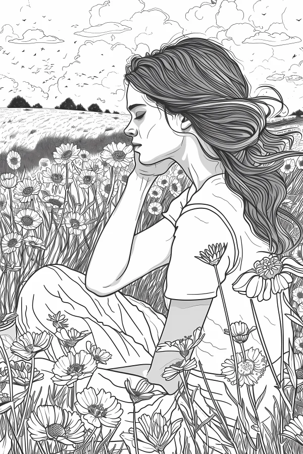 Girl sitting in daisy flower field, line art illustration — free printable daily leisure coloring book page