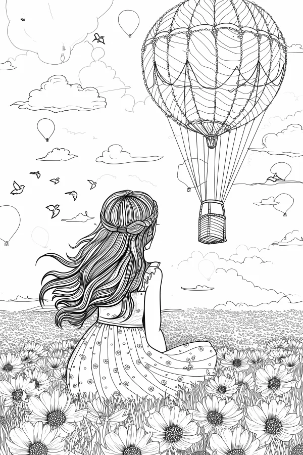 Long-haired girl sitting in sunflower field, cartoon style — free printable summer coloring book page