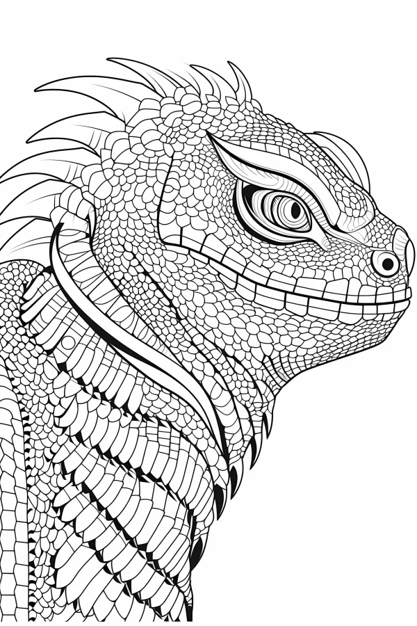 Detailed lizard head with intricate scales and spines, realistic reptile art style — free printable reptiles coloring book page