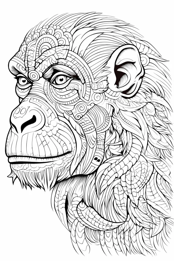 Zentangle-style monkey head, intricate tribal totem patterns — free printable totem coloring book page