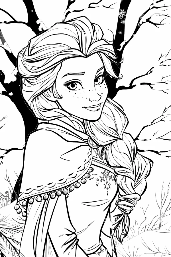 Elsa princess with long braid and cape, cartoon style — free printable princess coloring book page