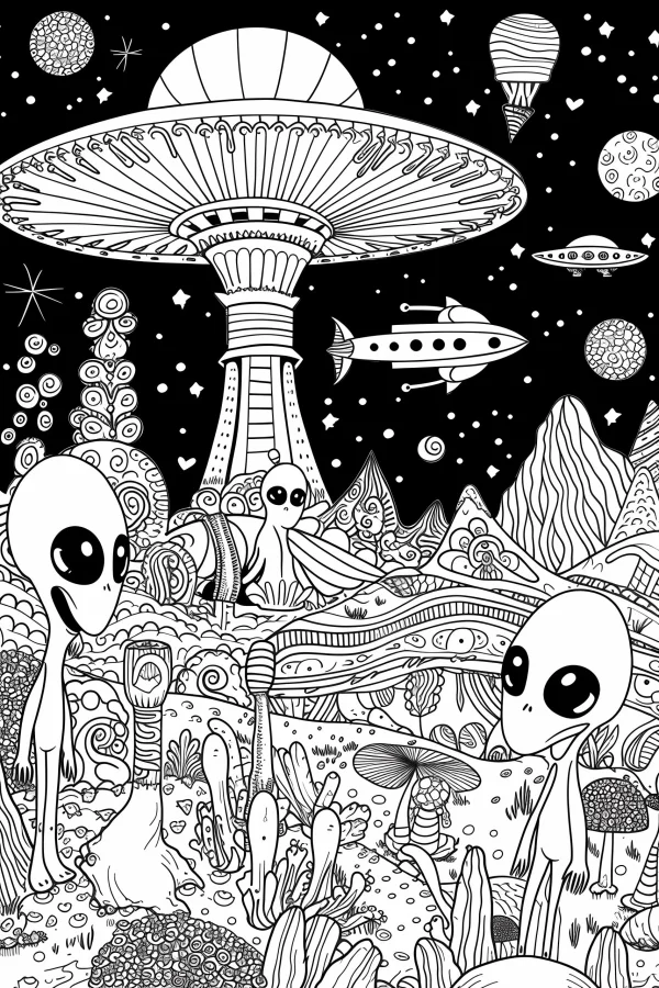 Big-eyed aliens with ufo and spaceship, sci-fi fantasy cartoon style — free printable aliens coloring book page