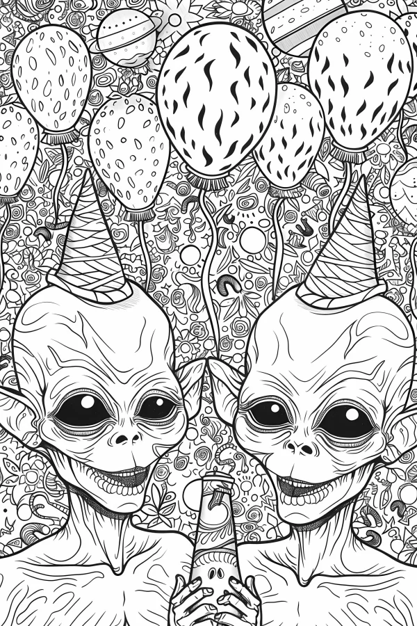 Party aliens with party hats, holding a bottle — free printable party coloring book page