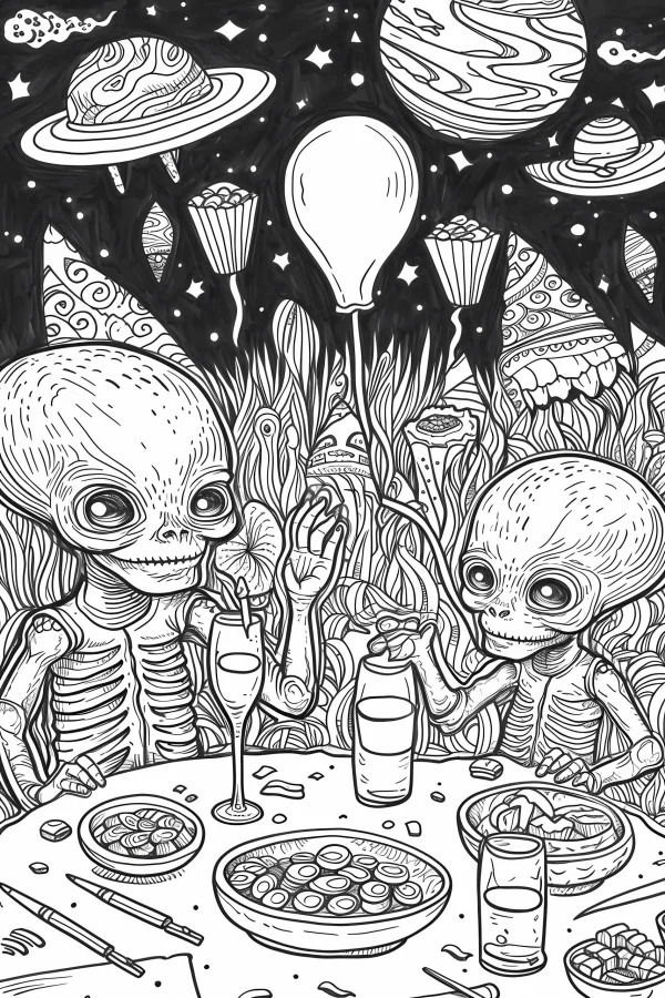 Alien creatures having a space party, cartoon sci-fi style — free printable party coloring book page