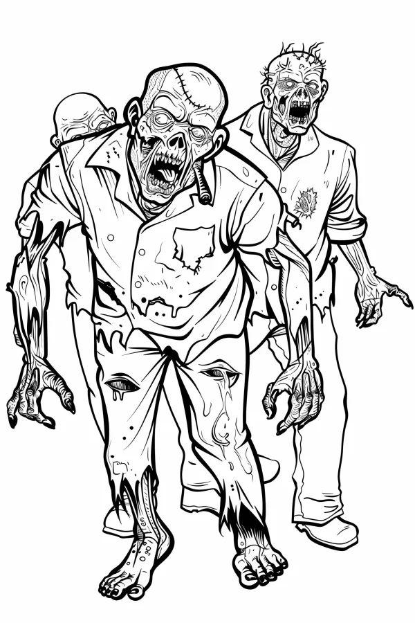 Group of terrifying zombies, horror cartoon style — free printable zombies coloring book page