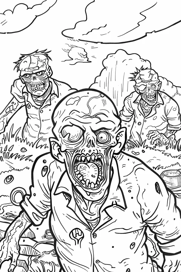 Terrifying snarling zombie in foreground, two zombies in background — free printable apocalypse coloring book page