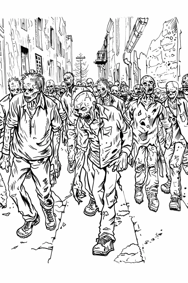 Horde of terrifying zombies, horror style — free printable apocalypse coloring book page