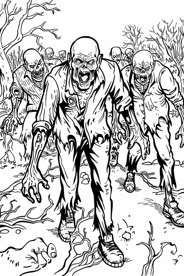 Horde of terrifying zombies, horror dark style — free printable apocalypse coloring book page