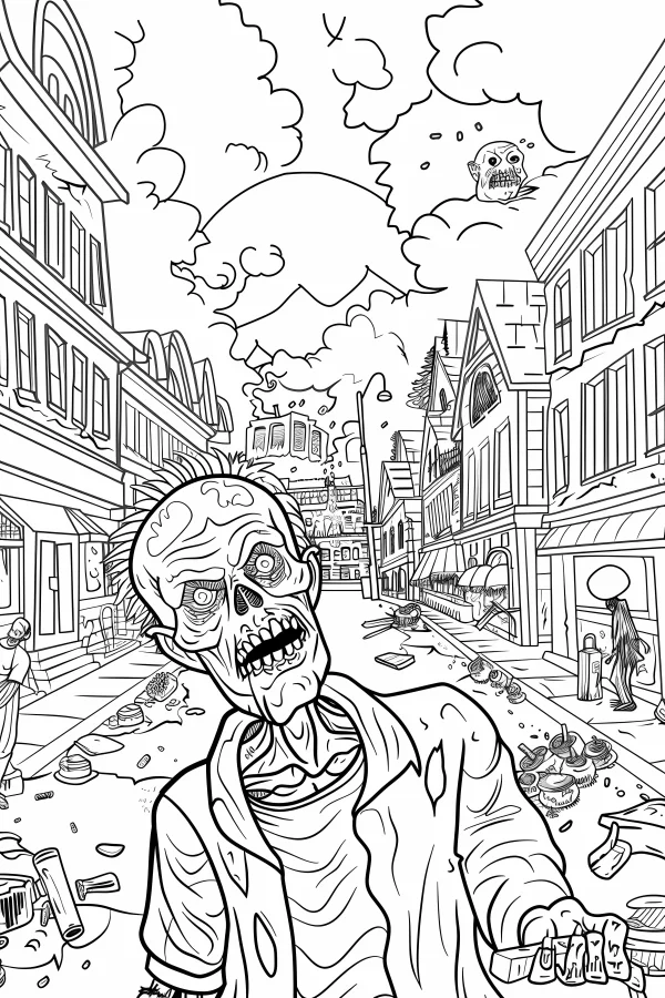 Terrifying zombie in apocalyptic city street, cartoon horror style — free printable apocalypse coloring book page