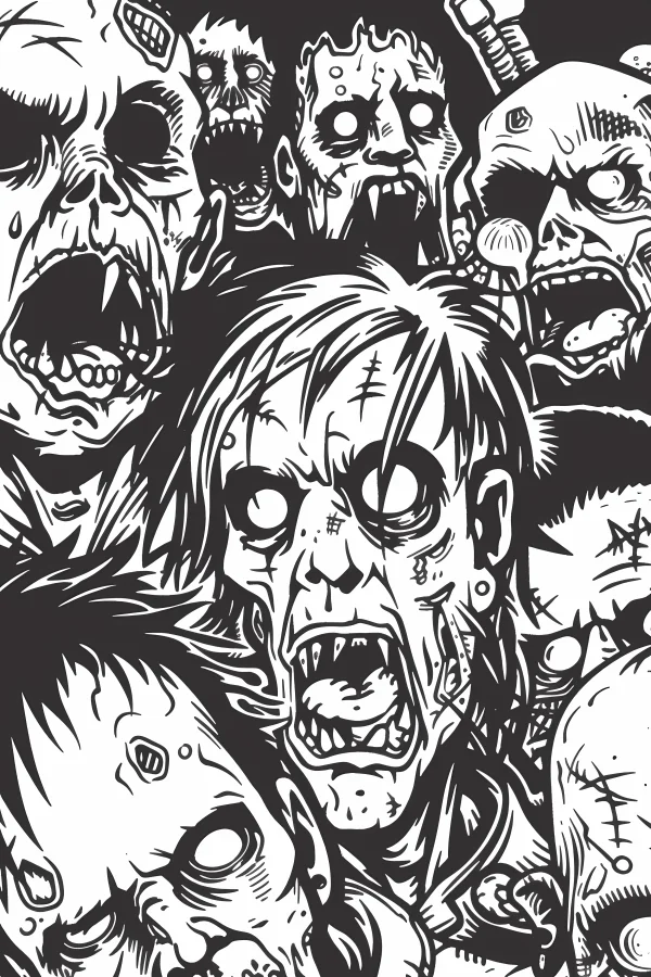 Horde of horror zombies, gothic horror style — free printable zombie coloring book page