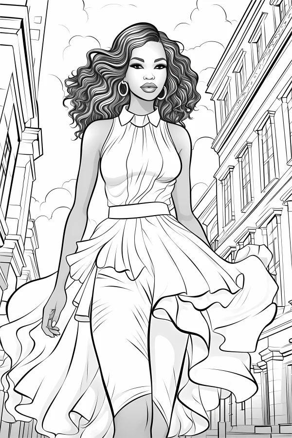 Stylish curly-haired woman wearing sleeveless ruffled dress, walking through urban street with buildings and clouds — free printable urban life coloring book page