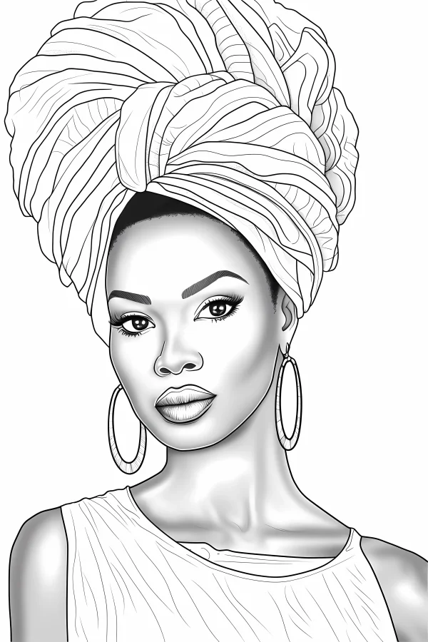 African woman wearing turban and large hoop earrings, realistic illustration style — free printable african culture coloring book page