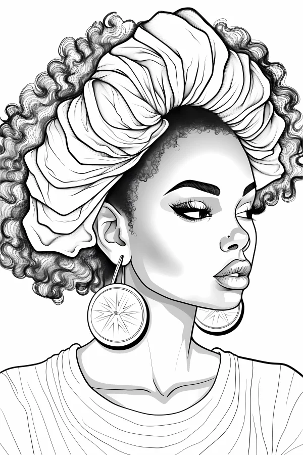 African american curly-haired girl with headwrap and large round hoop earrings, realistic western illustration style — free printable african culture coloring book page