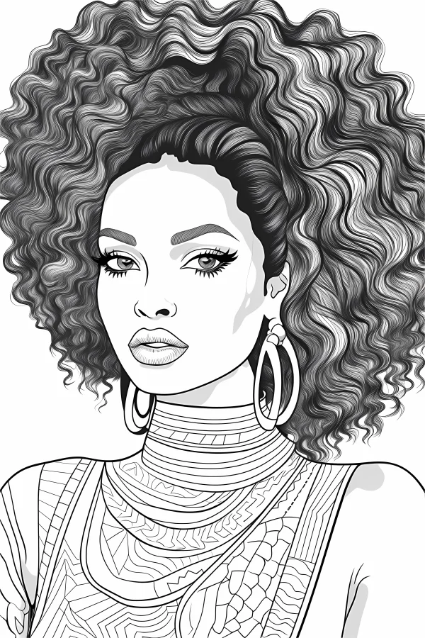 Coloring book page, line art of an elegant curly-haired black woman with large hoop earrings — free printable african culture coloring book page
