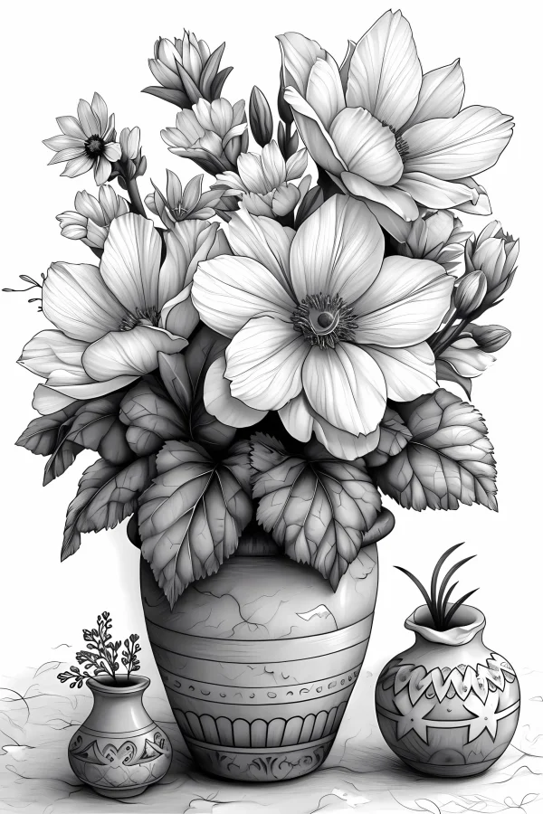 Still life of vintage vases with large flowers, small blooms — free printable still life coloring book page