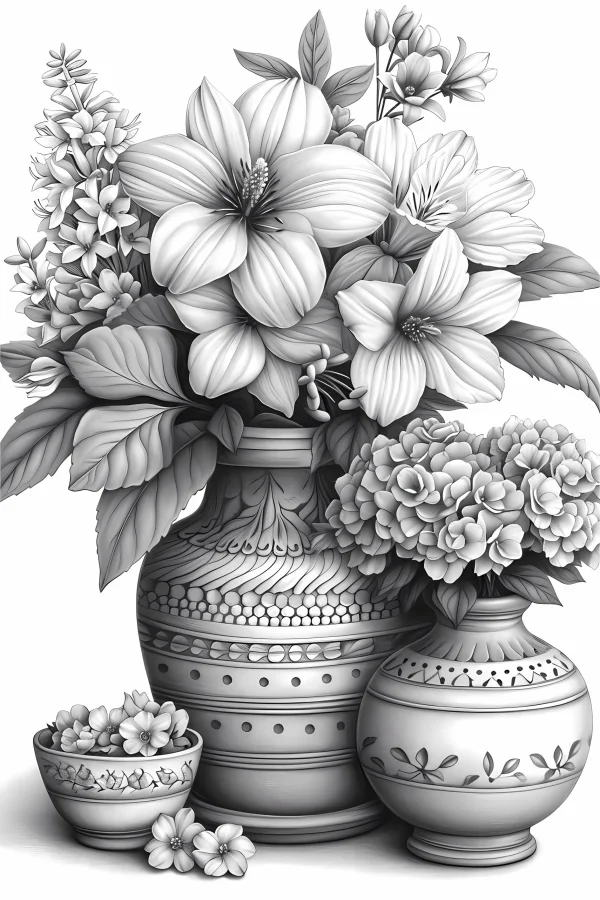 Still life of ceramic vases and bowls with lilies, hydrangeas — free printable still life coloring book page