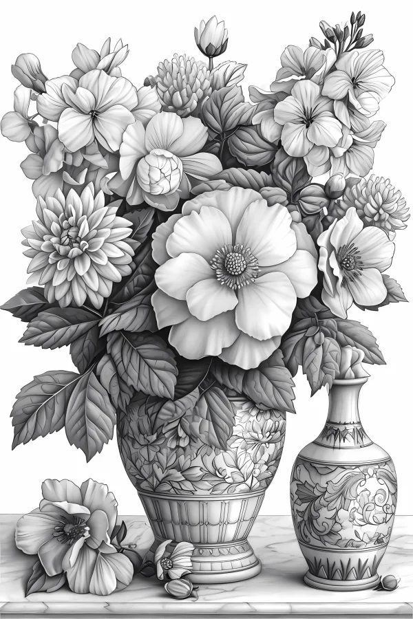 Floral arrangement in decorative porcelain vases with scattered flowers on marble table, realistic illustration style — free printable still life coloring book page