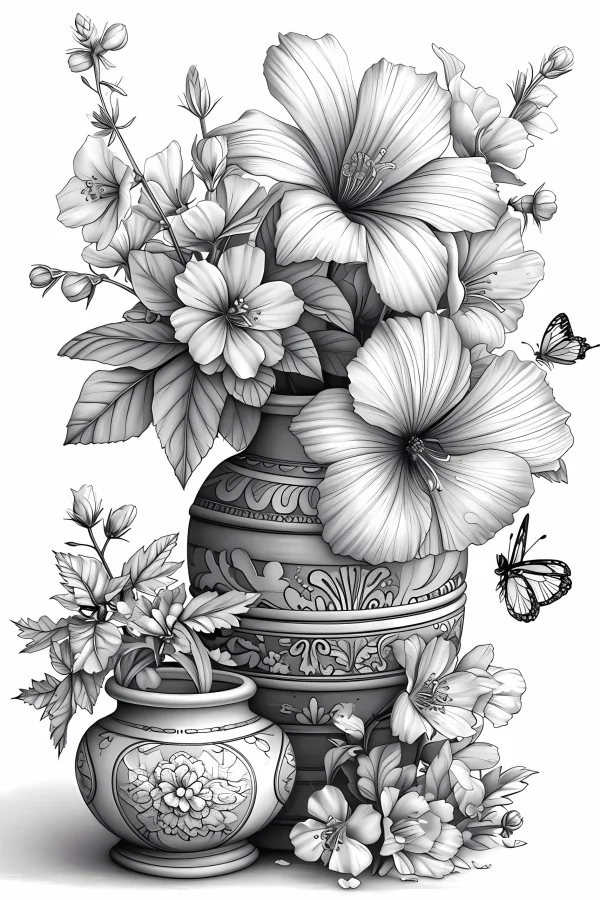Still life with hibiscus flowers and decorative ceramic vases, sketch realistic style — free printable still life coloring book page
