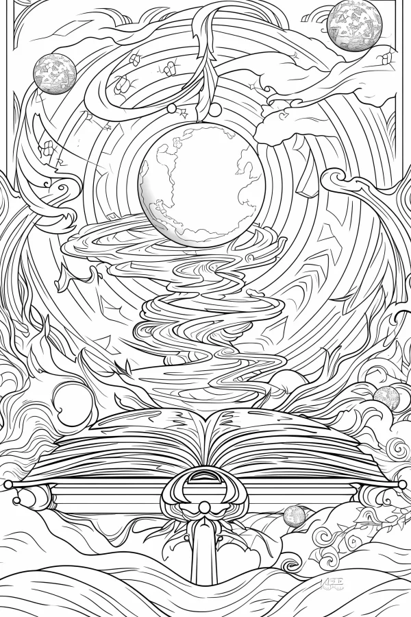 Magical open book with floating space planets, fantasy sci-fi style — free printable universe coloring book page