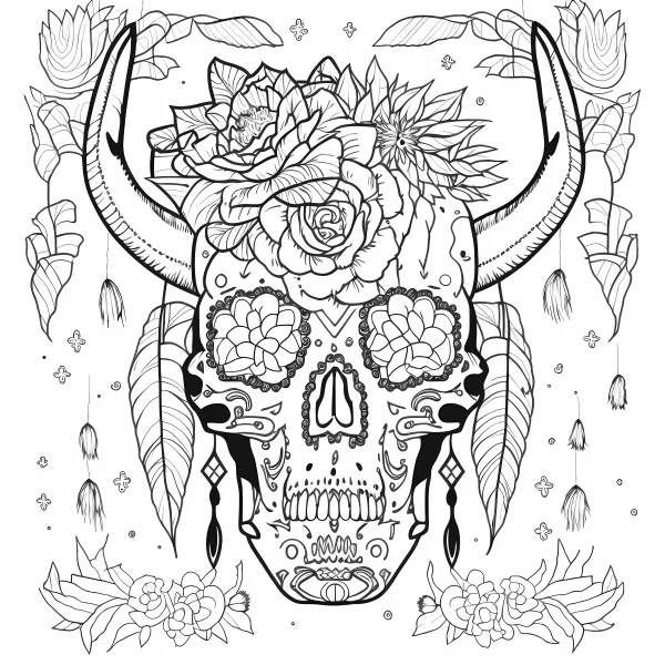 Day of the dead bull skull decorated with roses and flowers, decorative art style — free printable culture coloring book page