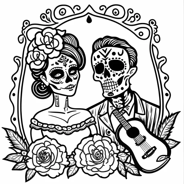 Day of the dead skeleton couple, latin american traditional style — free printable latin america coloring book page