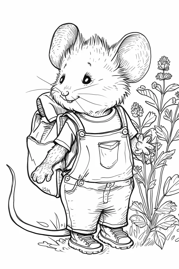 Cute backpack mouse in overalls, cartoon hand-drawn style — free printable learning coloring book page