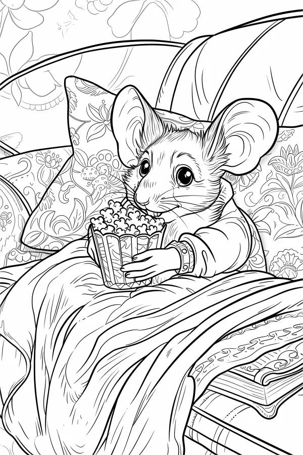Cute mouse holding popcorn box, sitting on sofa under blanket with patterned pillows and a book beside — free printable home leisure coloring book page