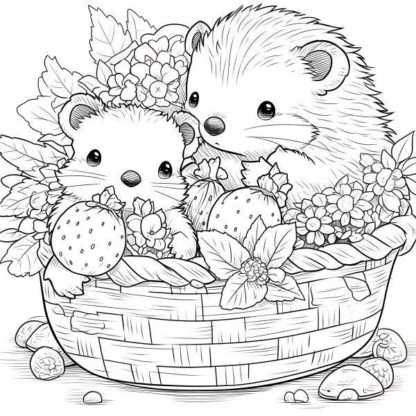 Two cute hedgehogs in a woven basket, surrounded by strawberries — free printable picnic coloring book page