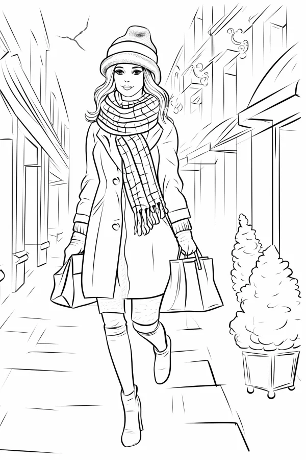 Winter girl wearing coat, checkered scarf and beanie carrying shopping bags walking on european-style street — free printable shopping coloring book page