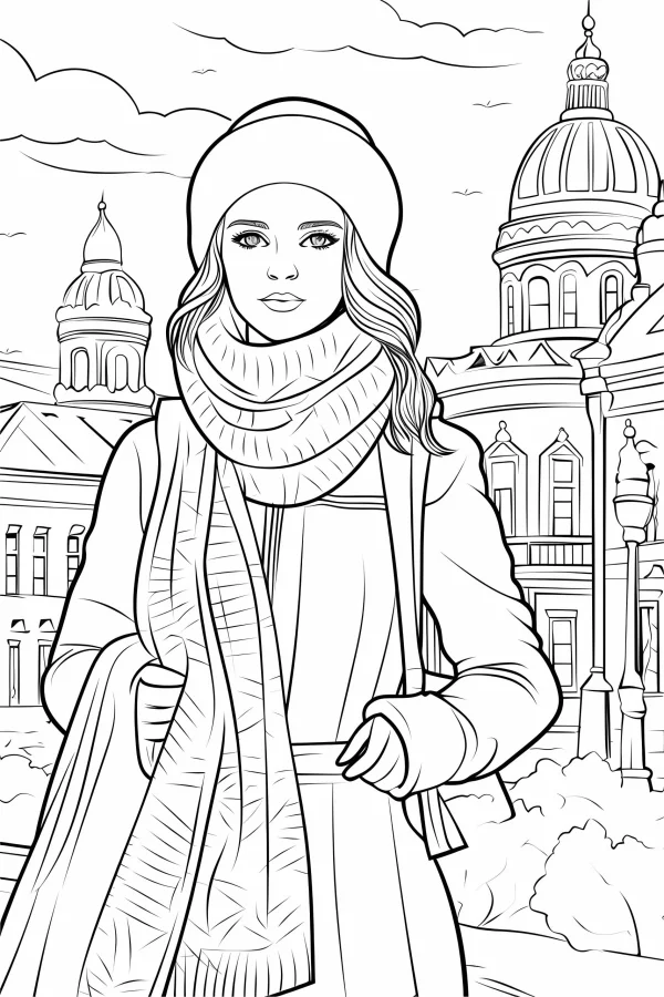 Winter girl in knitted hat and scarf with european-style domed buildings in background, black and white clean line art — free printable urban daily life coloring book page