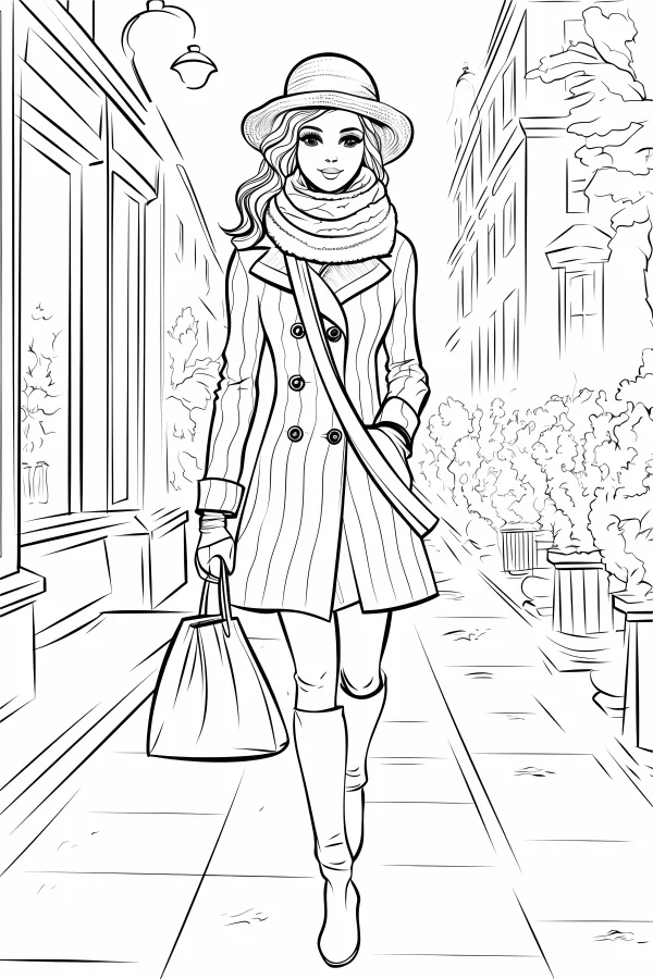 Coloring book page, stylish urban woman walking on city sidewalk — free printable urban life coloring book page