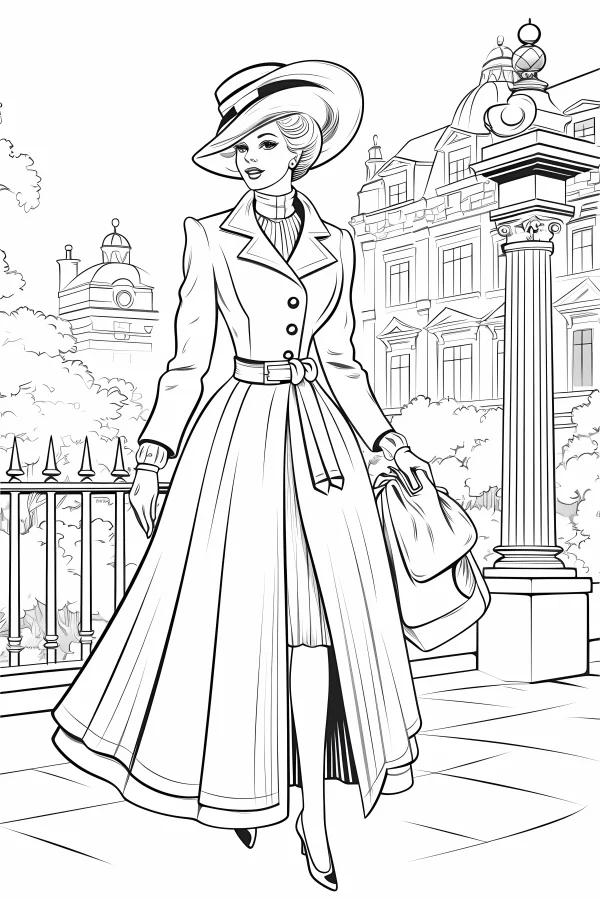 Vintage fashion woman, retro realistic style — free printable urban life coloring book page