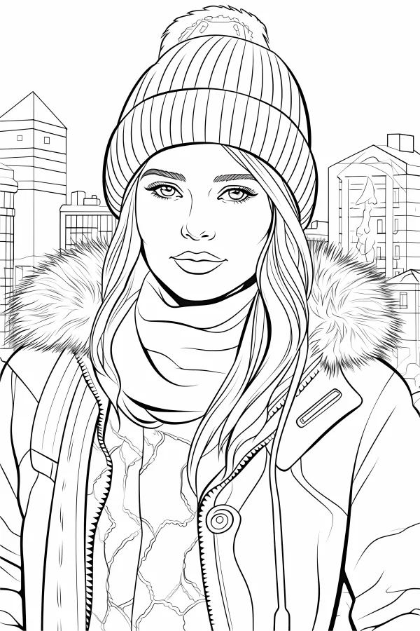 Urban girl in winter outfit, wearing knitted hat — free printable urban life coloring book page