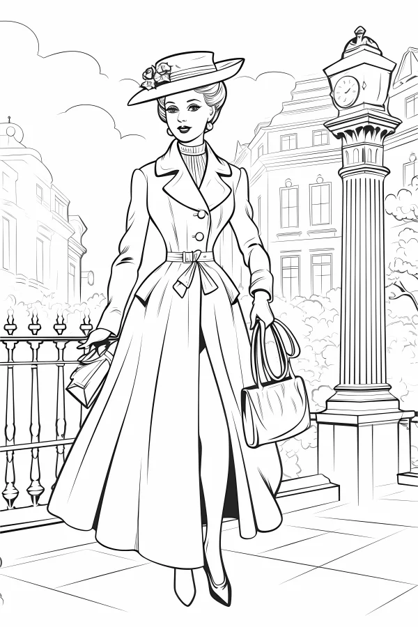 Vintage urban fashion woman in long trench coat and wide-brimmed hat, holding handbags — free printable urban life coloring book page
