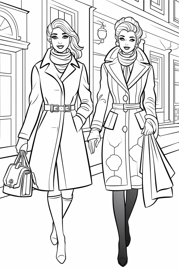 Two fashionable urban women walking on city street with european-style buildings, cartoon illustration style — free printable shopping coloring book page