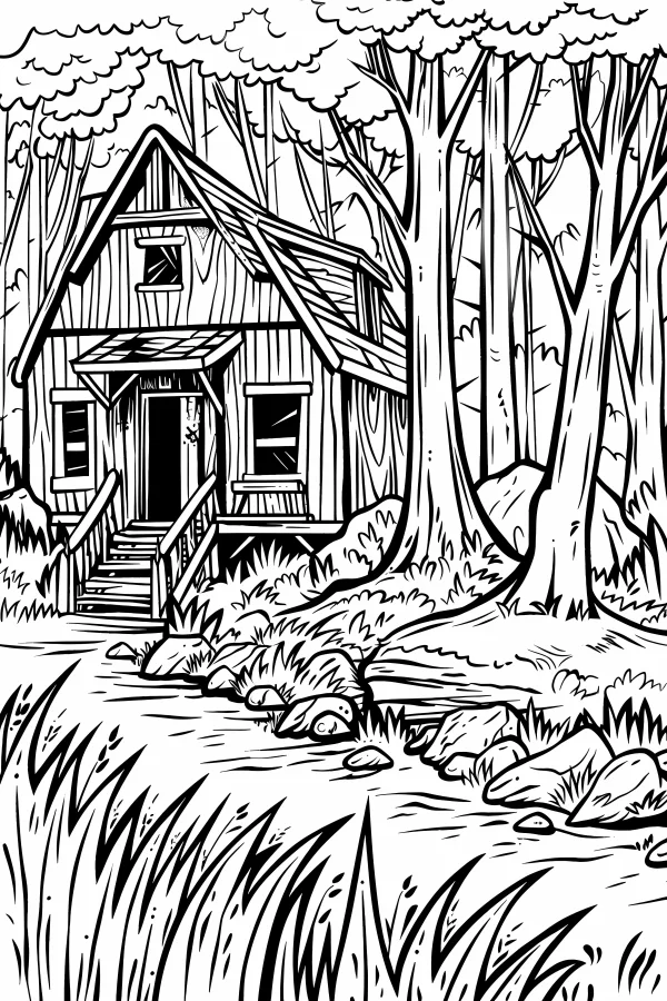 Wooden cabin in the forest, sketch style — free printable country cabin coloring book page