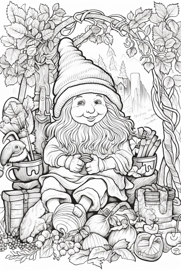 Garden gnome with long beard and pointed knitted hat, fairy tale illustration style — free printable rural life coloring book page