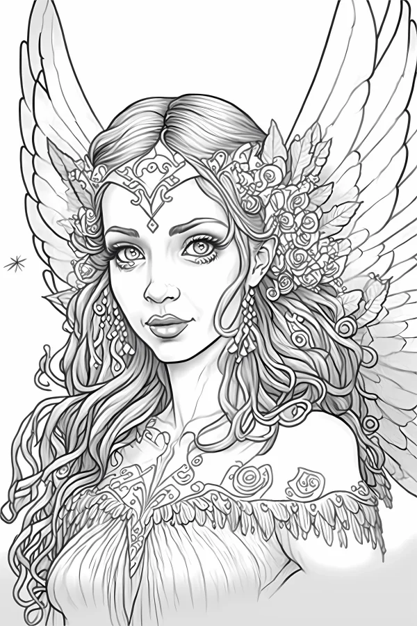 Winged angel girl with floral hair ornaments, fairy tale illustration style — free printable angel coloring book page