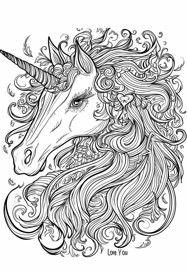 Majestic unicorn with intricate curly mane, fantasy illustration style — free printable unicorn coloring book page