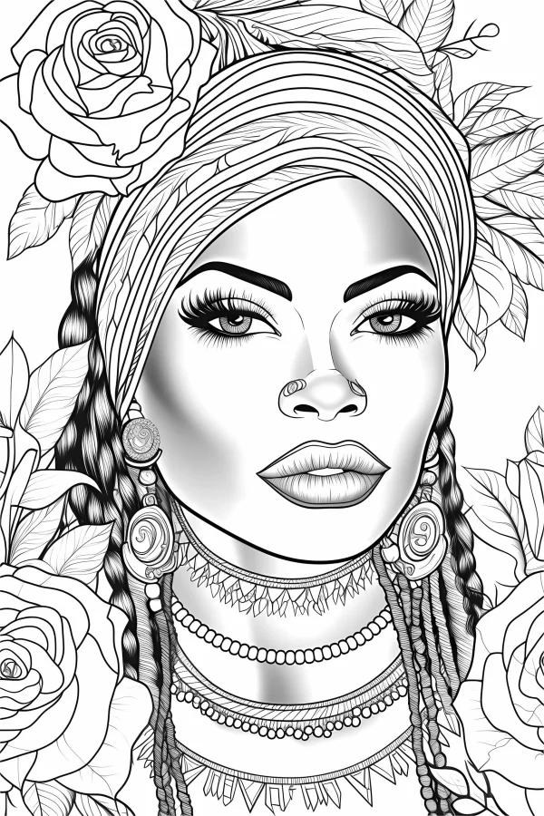 African styled decorative woman with braids, headscarf — free printable african culture coloring book page