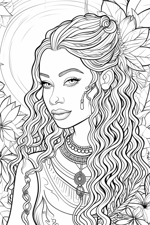 Bohemian curly-haired girl with ethnic necklaces, surrounded by flowers and leaves — free printable culture coloring book page